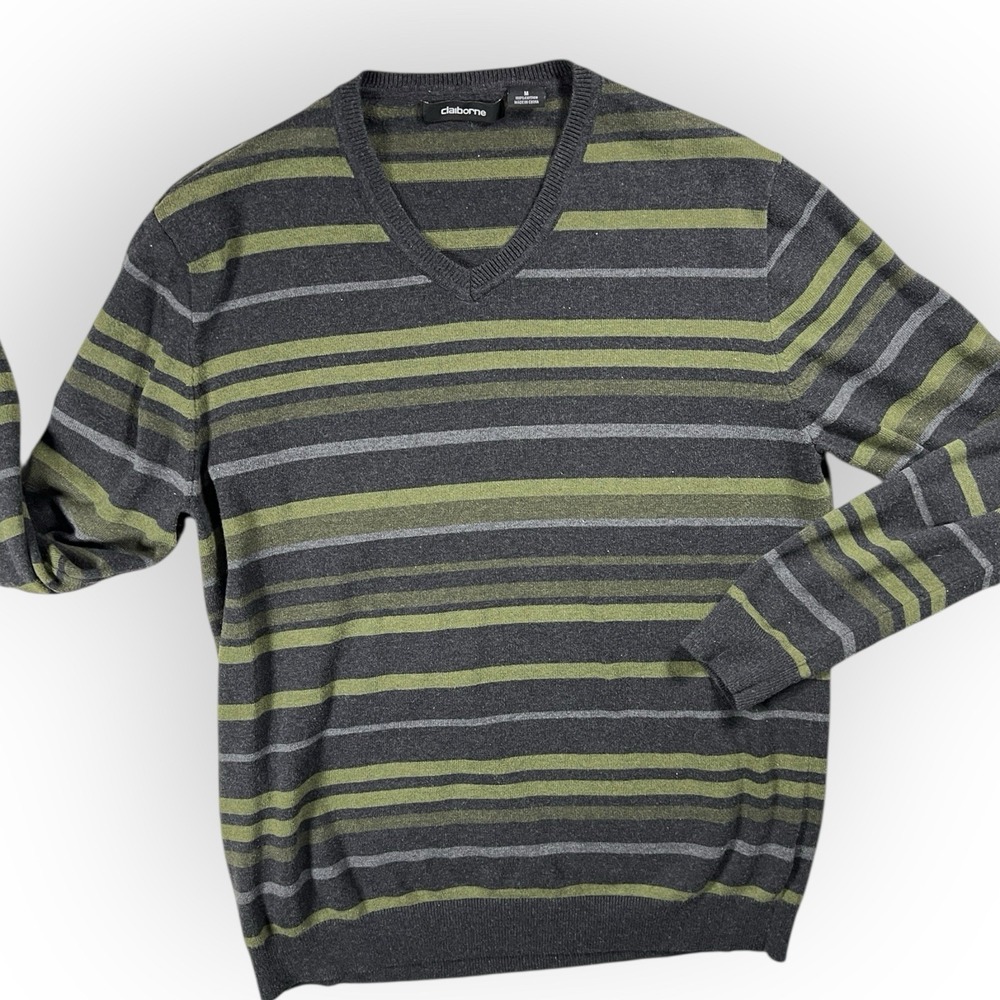 Claiborne Mens Sweater Long Sleeve Sz M Pullover Green Striped V Neck Casual‎
